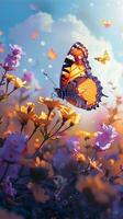 AI generated Natures canvas Colorful flowers and butterfly create a picturesque scene Vertical Mobile Wallpaper photo