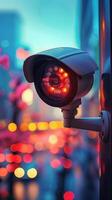 ai generado la seguridad vigilancia cctv cámara relojes terminado con suave bokeh Encendiendo vertical móvil fondo de pantalla foto