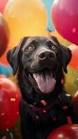 ai generado canino celebracion perro rodeado por festivo globos y decoraciones vertical móvil fondo de pantalla foto