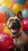 ai generado fiesta cachorro perro se sienta en medio de vibrante globos y festivo decoración vertical móvil fondo de pantalla foto