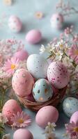 ai generado alegre primavera celebracion Pascua de Resurrección huevos traer alegría en pastel tonos vertical móvil fondo de pantalla foto