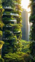 ai generado refrescante paisaje urbano vibrante verde plantas traer vida a urbano ambiente vertical móvil fondo de pantalla foto