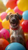 ai generado fiesta cachorro perro se sienta en medio de vibrante globos y festivo decoración vertical móvil fondo de pantalla foto