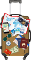 Tourist equipment on brown travel suitcase bag png