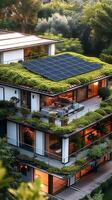ai generado sostenible alojamiento concepto bituminoso loseta techo significa renovable energía integración vertical móvil fondo de pantalla foto