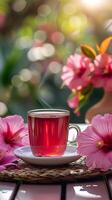 ai generado Mañana té ajuste hibisco té servido en picnic mesa con flores vertical móvil fondo de pantalla foto