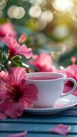 ai generado calmante té momento taza de caliente hibisco té con floral ambiente vertical móvil fondo de pantalla foto