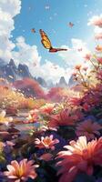 AI generated Floral paradise Vibrant flowers and butterfly adorn serene spring landscape Vertical Mobile Wallpaper photo