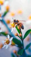 AI generated Natures harmony Honey bee gathers nectar from vibrant flower bloom Vertical Mobile Wallpaper photo