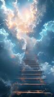 ai generado adivinar ruta escalera en cielo representar ascenso hacia celestial reinos vertical móvil fondo de pantalla foto