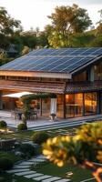 ai generado energía eficiente hogar casa caracteristicas bituminoso loseta techo, destacando renovable energía vertical móvil fondo de pantalla foto