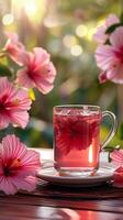 ai generado calentar bebida escena caliente hibisco té servido en medio de floral fondo vertical móvil fondo de pantalla foto