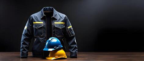 AI generated Worker's jacket and helmets are presented on dark background representing International Labor Day photo