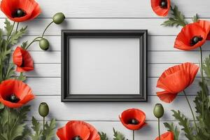 AI generated Empty photo frame mockup on wooden background with poppy flower decoration during spring