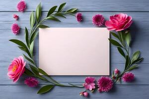 AI generated Empty greeting card mockup with spring flowers on wooden background photo