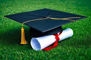 AI generated A graduation cap along with certificate is on grass land background photo