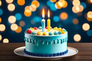 AI generated A delicious birthday cake is presented on a bokeh background photo