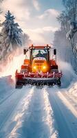 ai generado nieve eliminación equipo trabajos a claro invierno la carretera para viajeros vertical móvil fondo de pantalla foto