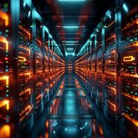 AI generated Tech driven infrastructure 3D rendered server room with vibrant data displays For Social Media Post Size photo