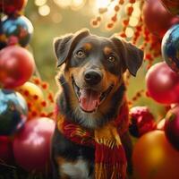 AI generated Festive furry friend Dog enjoys festivities among colorful decorations For Social Media Post Size photo