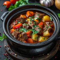 AI generated Warm and wholesome Delicious beef and vegetable stew simmering For Social Media Post Size photo