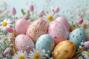 ai generado primavera deleite Pascua de Resurrección huevos en pastel matices evocar alegre celebracion foto