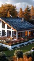 ai generado energía eficiente hogar casa caracteristicas bituminoso loseta techo, destacando renovable energía vertical móvil fondo de pantalla foto