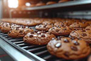 AI generated Confectionery automation Chocolate cookies on industrial production line emerging from oven photo