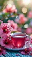 ai generado calmante té momento taza de caliente hibisco té con floral ambiente vertical móvil fondo de pantalla foto