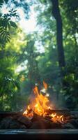 AI generated Green wilderness setting Campfire crackles amid lush foliage Vertical Mobile Wallpaper photo