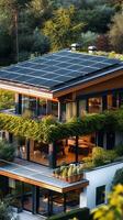 ai generado renovable techumbre casa coronado con bituminoso teja, promoviendo sostenible energía vertical móvil fondo de pantalla foto