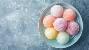 ai generado generativo ai, foto de mochi en el mesa antecedentes. tradicional japonés postre, parte superior vista, plano laico