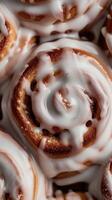 AI generated Generative AI, Freshly baked cinnamon bun with white cream icing, close up vertical photo