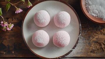 ai generado generativo ai, foto de mochi en el mesa antecedentes. tradicional japonés postre, parte superior vista, plano laico