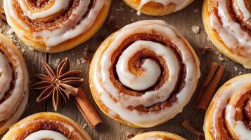 AI generated Generative AI, Freshly baked cinnamon bun with white cream icing, close up photo