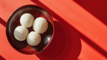 ai generado generativo ai, foto de mochi en el mesa antecedentes. tradicional japonés postre, parte superior vista, plano laico