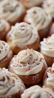 AI generated Generative AI, Freshly baked cinnamon bun with white cream icing, close up vertical photo