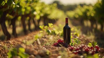 AI generated Generative AI, red wine bottle mock up with wine glass on vineyard landscape in the sunshine, copy space and place for logo photo