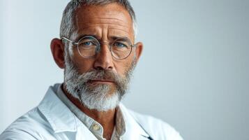 ai generado generativo ai, cerca arriba retrato de mayor hombre médico posando a cámara, cuidado de la salud y medicina concepto foto