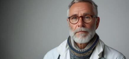 ai generado generativo ai, cerca arriba retrato de mayor hombre médico posando a cámara, cuidado de la salud y medicina concepto foto