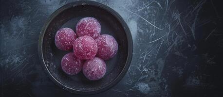 AI generated Generative AI, photo of mochi on the table background. Traditional Japanese dessert, top view, flat lay