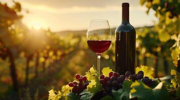 ai generado generativo ai, rojo vino botella burlarse de arriba con vino vaso en viñedo paisaje en el luz solar, Copiar espacio y sitio para logo foto