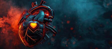 AI generated Generative AI, Robot heart in cyberpunk style, futuristic illustration. Love, feelings, romantic St. Valentine's Day concept. photo