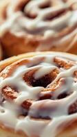 AI generated Generative AI, Freshly baked cinnamon bun with white cream icing, close up vertical photo