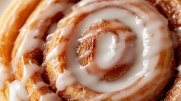 AI generated Generative AI, Freshly baked cinnamon bun with white cream icing, close up photo