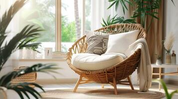 AI generated Cozy living room with rattan chair, plush cushions, and green plants near a window. Modern interior with natural light. photo