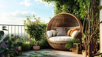 AI generated Balcony garden with lush greenery and blooming flowers. A cozy, round wicker chair, white cushions. Modern outdoor terrace interior. photo