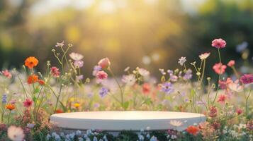 AI generated Empty product display podium with flowers field meadow on background. 3D stage showcase, beauty skincare cosmetics concept presentation. photo