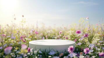 AI generated Blank product display podium with summer flowers field meadow on background. Beauty skincare cosmetics presentation. Organic natural concept. photo