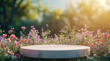 AI generated Background scene with empty wooden podium platform and blurred spring flowers field. Beauty product display. Organic Natural concept. Mock up, Spa. photo